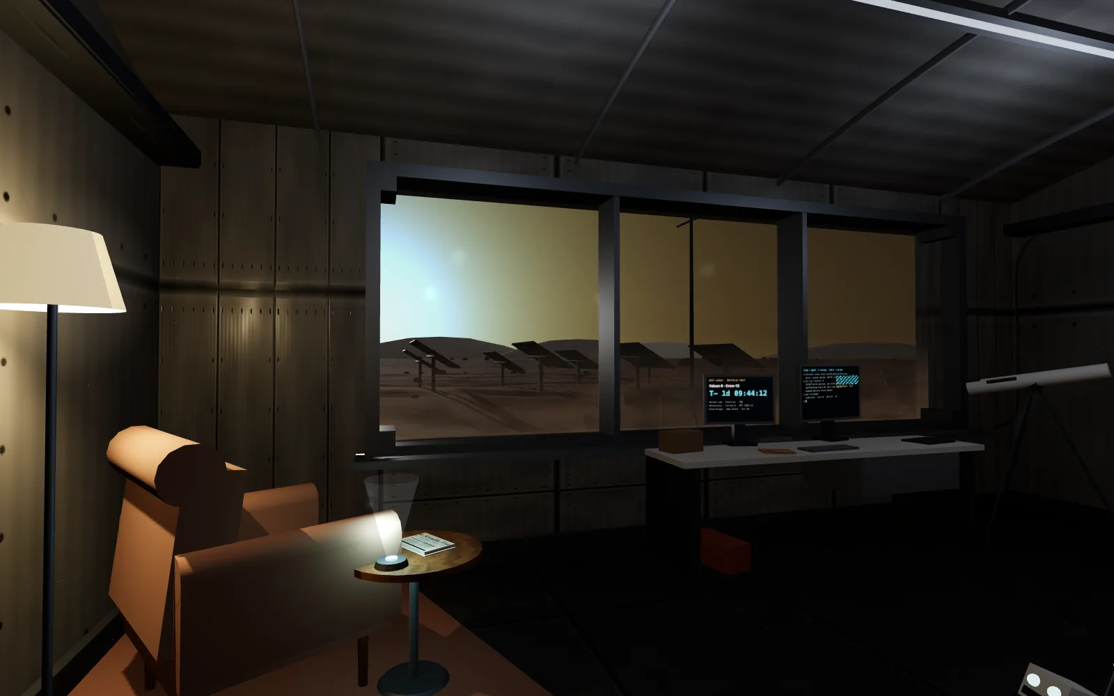 Inside a small Martian habitat at night: one warm lamp over an armchair, a desk with screens, a bookshelf, and a wide window onto a dark rust-coloured plain under a starry sky.